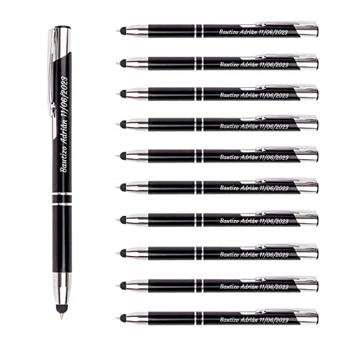 Pack 15 bolígrafos PERSONALIZADOS con tu nombre o texto | Color Negro | Puntero para dispositivos móviles | Grabado a láser | Lote bolígrafos publicitarios, bodas, comuniones, merchandising. (15) Cover