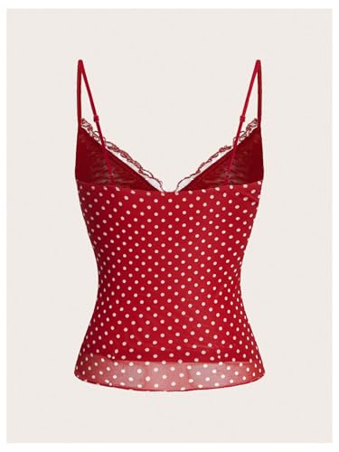 Women's Polka Dots Cami Tops Coquette Mesh Lace Trim V Neck Ruffle Hem Camisole Spaghetti Strap Y2k Tops2