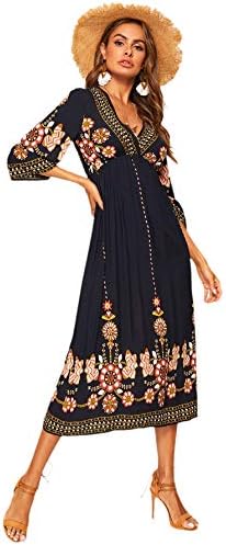 Romwe Women's Floral Print Deep V Neck 3/4 Sleeve A-Line Bohemian Tribal Boho Midi Dress Multicolored Large