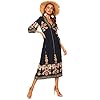ROMWE Women's Floral Print Deep V Neck 3/4 Sleeve A-Line Bohemian Tribal Boho Midi Dress Multicolored Large