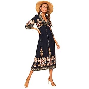 ROMWE Women's Floral Print Deep V Neck 3/4 Sleeve A-Line Bohemian Tribal Boho Midi Dress Multicolored Large