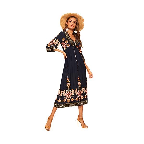 ROMWE Women's Floral Print Deep V Neck 3/4 Sleeve A-Line Bohemian Tribal Boho Midi Dress Multicolored Large