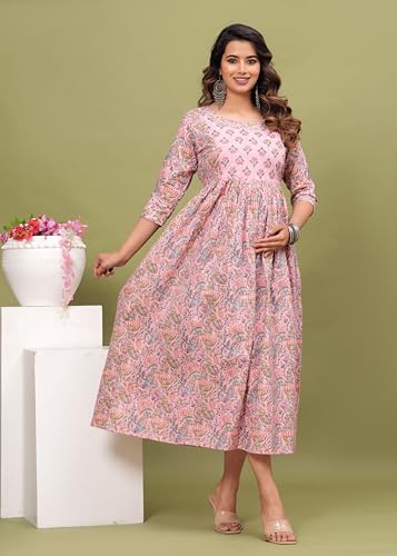 Image of Women's Feeding Kurta Cotton | Floral Anarkali Pregnancy Kurta with Nursing Zipper | Pre & Post Partum | Maternity Dresses | Mom to Be Gift