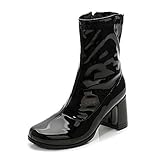 Klassische Kostüme: Retro-Gogo-Stiefel in mittlerer Wadenform mit quadratischer Zehe und Blockabsatz, durchgehender Reißverschluss. Erhältlich in den Farben: Schwarz, Weiß, Rot, Silber und Rosa.