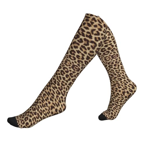 Paire de chaussettes de compression à motif léopard pour homme et femme, hauteur genou, adaptées pour la course, les voyages et l'avion, 1 noir, Taille unique