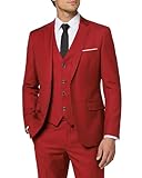 MY'S Conjunto de traje ajustado de 3 piezas para hombre, chaqueta de dos botones, chaleco, pantalones, corbata, vestido de novio, liso, esmoquin y pantalones, Rojo -, X-Large
