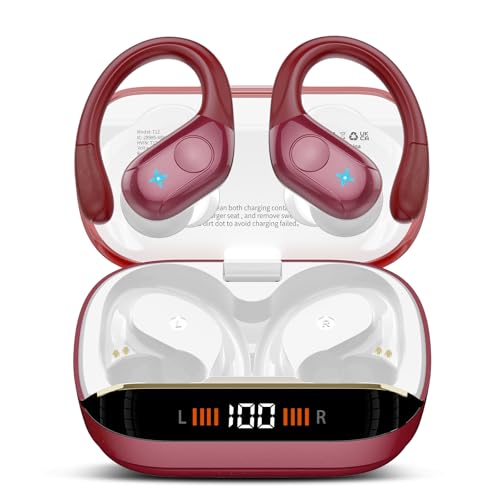 Qecnato Auriculares Inalámbricos Deportivos, Auriculares Bluetooth 5.4 HiFi Estéreo con HD Micrófono, 75H Cascos Inalambricos Bluetooth con Cancelacion Ruido ENC, Pantalla LED, IP7 Impermeable, Rojo