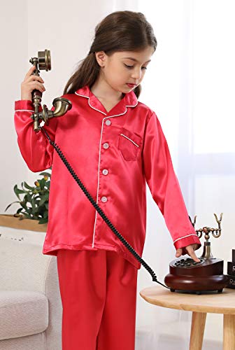 Image of Pajamas Kid Unisex Pjs Set Girls Boys Silk Pajamas Set Satin Long Sleeve 2 Piece Clasic Sleepwear for 2-12 Years Todder