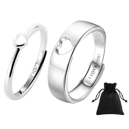CVDYWDJIE 1 Paire De Bagues De Couple Et 1 Pochette en Velours, Bague Design en Forme De Cœur, Bague Réglable, Bague Simple, Bague Tendance Et Polyvalente