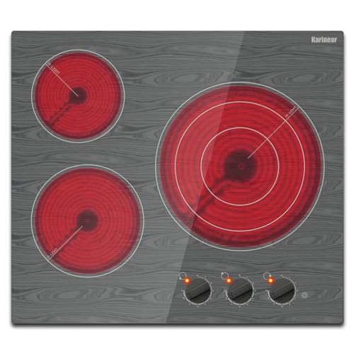 Image of Karinear 24'' Electric Cooktop 3 Burners Ceramic Cooktop,Built-in Electric Stove Top with Beautiful Wooden Pattern, Knob Control, Over-Temperature Protection, 220-240v, 5700W, Hard Wire (No Plug)
