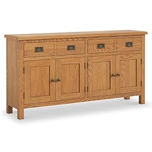 Surrey Oak Extra Large Sideboard Cabinet for Living Room | Roseland Furniture Waxed 4 Door Solid Wooden Storage Cupboard with 2 Drawers for Hallway or Dining Room | Fully Assembled