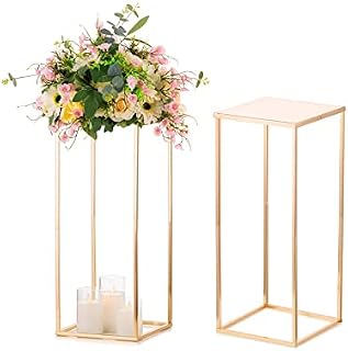 Sziqiqi 40cm Rectangle Wedding Centrepieces Vases With Plates - 2 Pieces Metal Column Geometric Flower Stand Gold Flower Display Rack Decorations For T-Stage Reception Party Fiesta Event Christmas