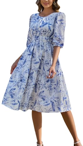 Image of Kormei Women Casual Boho Floral Round Neck 3 /4 Sleeve Smocked Waist Tiered A Line Flowy Swing Midi Dress Long Dresses