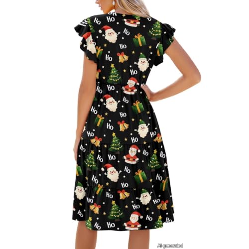 Image of Womens Summer Dress Ruffle Sleeve V Neck Dress Casual Fit Flowy Beach Vacation Sundress with Pocket S-2XL