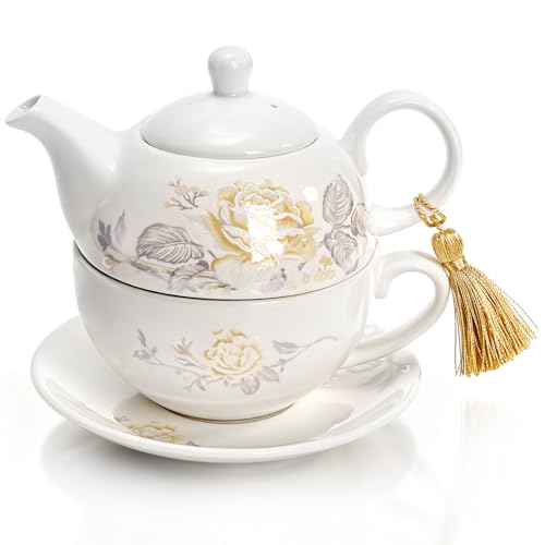 Nagpew Tea for One Set, Porcelain Floral Teapot Cup Saucer Set with Tassel Decorative, Vintage Bone China Teapot Gift for Women Home Office, Rose Pattern