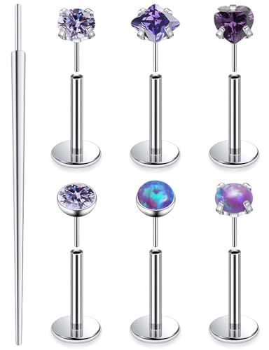 Lsnevsie 18G Threadless Flat Back Earrings Nose Rings Studs Astm F136 Titanium Push In Nose Rings Stud Tragus Forward Helix Conch Cartilage Earrings Piercing Jewelry For Women Men 6MM Bar Purple