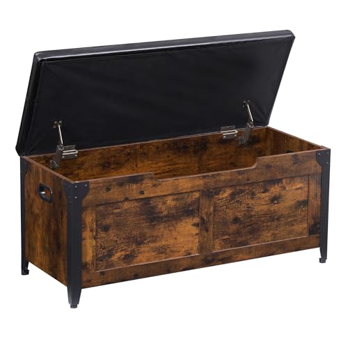 OPULENTHOME Truhenbank mit Stauraum,Truhe Mit Deckel,100cm Lang Mit 2 Sicherheitsscharnieren,136KG Belastbar, Sitzbank mit Stauraum,für Flur,Schlafzimmer, Wohnzimmer, Braun