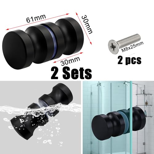 2 Sätze Badezimmertürgriff Griff Dusche Glastür Duschtürgriffe Beidseitig Glastür Griff Geeignet für Bad Küche und Büro 30mm Duschtürknopf aus Edelstahl M8 Schrauben Zubehör (Schwarz)