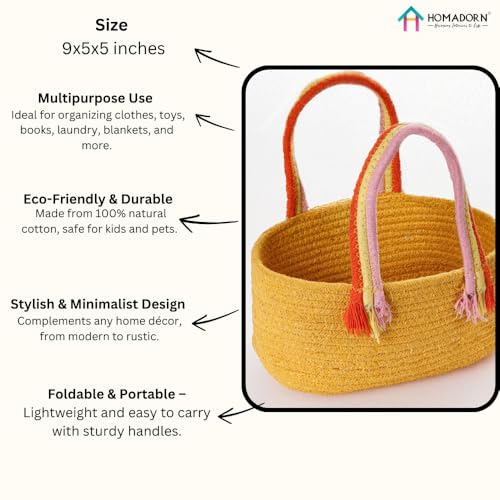Image of HOMADORN Cotton Storage Basket with Sturdy Handles - Foldable, Durable, and Stylish Organizer for Toys, Clothes,Gifting and Home Essentials (YELLOW)
