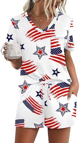 Image of RUBZOOF Women's Short Sleeve Pajama Sets with Pockets Casual V Neck 2 Piece Lounge Sets S-3XL