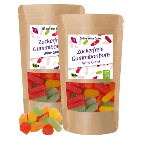 Zuckerfreie Gummibonbons Wine Gums von LCW | 500g Beutel | zuckerfrei, 0g Zucker | fettfrei | Fruchtgummi / Gummibärchen ohne Zucker mit Süßungsmittel Maltit (2er Pack)