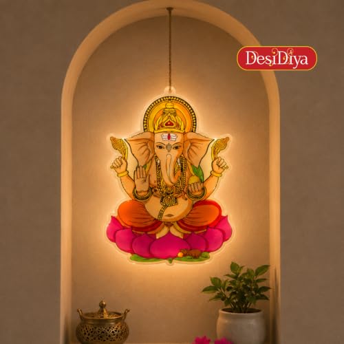 Image of Desidiya Lord Ganesha LED Hanging Light | Warm White Double-Sided Decor | Perfect for Diwali, Ganesh Chaturthi, temples, pooja rooms, entrances and gifting.