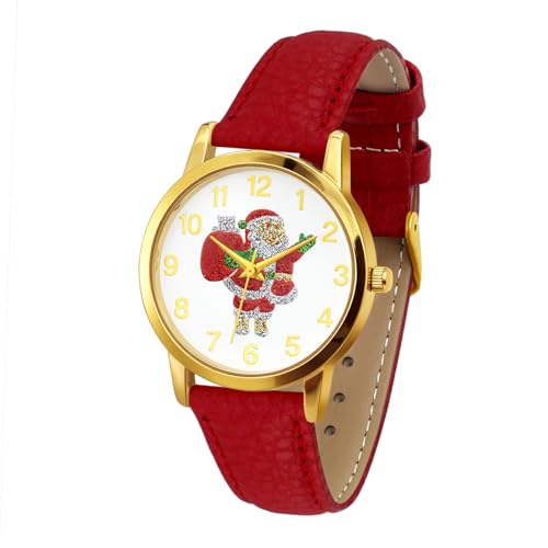 Montre à quartz pour femme avec bracelet en cuir et boîtier 36 mm motif Noël