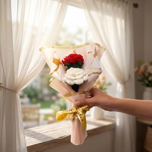 Image of HindCraft Handmade Crochet Flower Bouquet | Red & White Rose Knitted Flower Bouquet | Artificial Forever Flowers for Gift, Anniversary, Birthday, Valentine, Room Decor