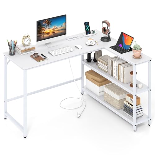 COSTWAY Corner Computer Desk, L-Shaped Writing Study Table with Storage Bookshelf, Space-Saving Home Office PC Laptop Workstation (White, 131 x 106 x 75cm)