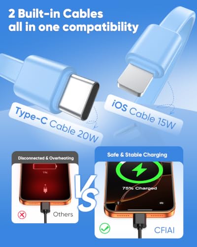 Image of Portable Charger Power Bank - Slim 15000mAh 50% Larger Capacity Battery Pack, USB C 22.5W Fast Charging Powerbank with Built-in Cable, Travel Essential Phone Charger for iPhone Android, Glacier blue