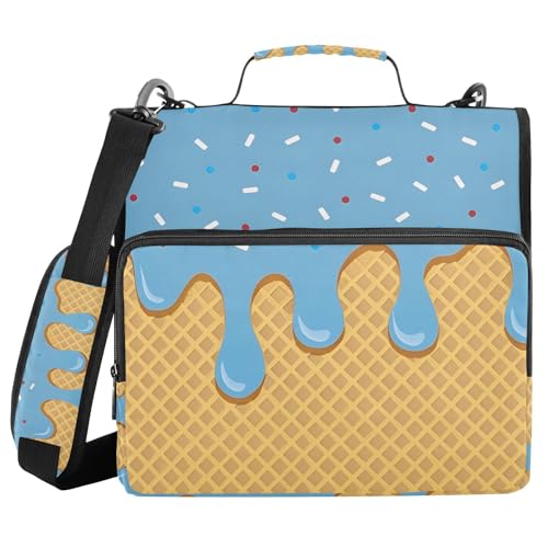 Image of 3 Ring Zipper Binder with Shoulder Strap Blue Ice Cream 1.5 inch Binders Keeper Large Capacity Multi Pockets for School Office Supplies
