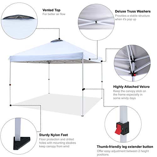 COOSHADE Durable 10x10 White Pop-up Canopy Tent for Family Outings and Beach Days