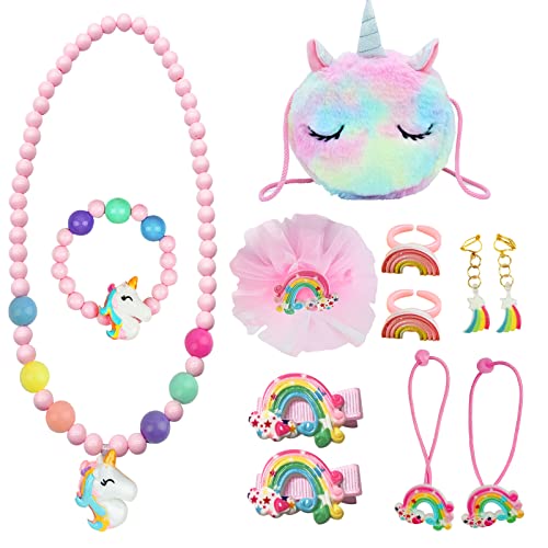 MEOWMEE Kinder Plüsch Tasche, Kinder Umhängetasche Plüschtasche für Mädchen mit Schmuckset Halskette Armband Ring Ohrringe Süßer Haarschmuck Set mit Haargummi Haarspangen