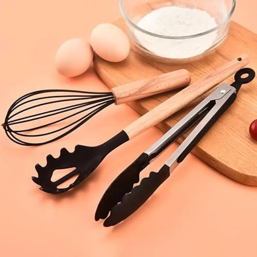 Image of DecorTwist Silicone Spatula Set for Cooking - 12 Piece Kitchen Utensils Set with Wooden Handle | Heat Resistant 230C | BPA Free, Food Grade, Non-Stick & Dishwasher Safe | Blackz