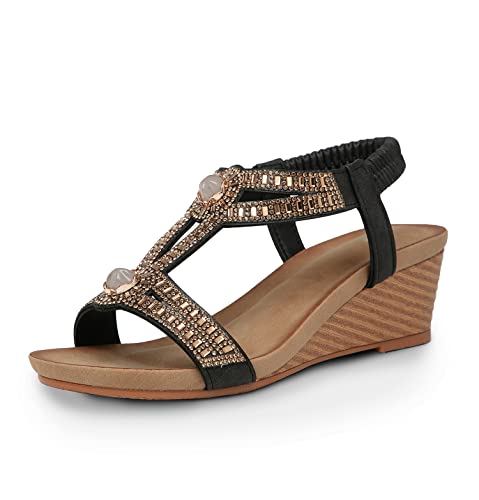 FRALOSHA Wedge Sandals for Women Dressy Summer Rhinestone Glitter Open Toe Casual wedge heels Sandal Comfy Cute Beach Shoes