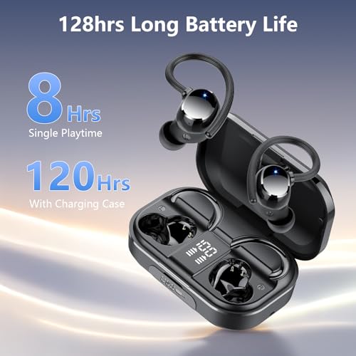 Image of Wireless Earbuds, Bluetooth 5.4 Sport Headphones, 128H Playtime Over Ear Buds for Small Ear, Stereo Deep Bass, Sport Wireless Bluetooth Earphones, IPX7 Waterproof Running Headphones for iOS Android