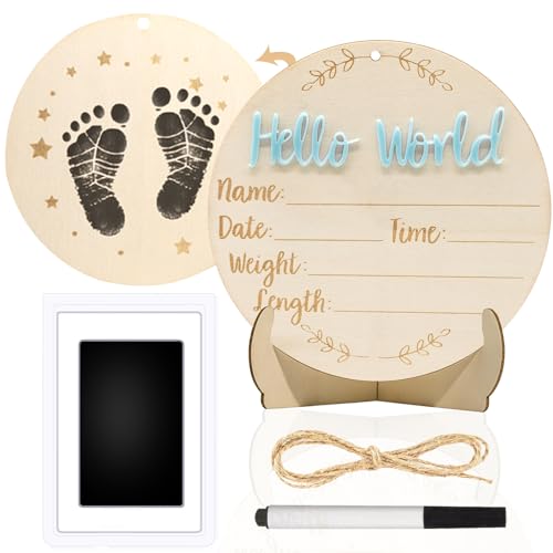 Baby Announcement Sign, 5.9 Inch Round Wooden Hello World Newborn