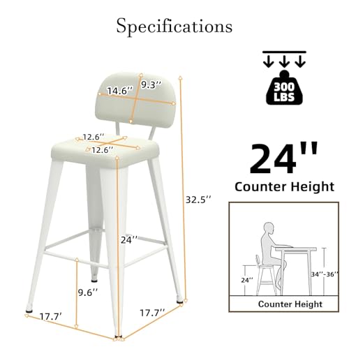 Image of 24 Inch Metal Bar stools Set of 2, Upholstered Bar Stools with Removable Back & Metal Legs, Industrial Barstools for Kitchen Island, Cafe (Beige Seat, White Legs)