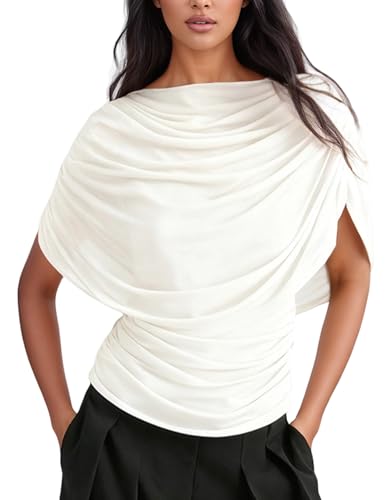 Womens Off The Shoulder Ruched Tops Draped Cap Sleeve Mesh Y2K Shirts White