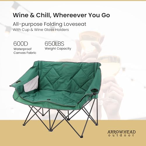 ARROWHEAD OUTDOOR Portable Folding Double Duo Camping Chair Loveseat w/ 2 Cup & Wine Glass Holder, Carrying Bag, Supports up to 500lbs by ARROWHEAD OUTDOOR - Image 2