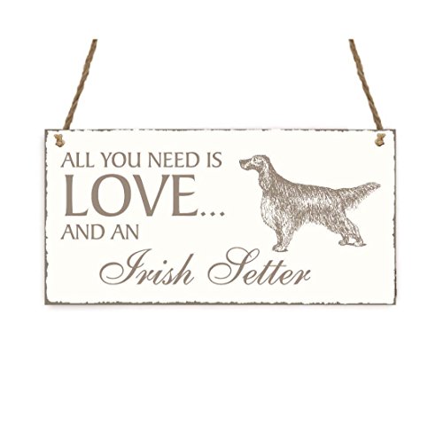 Decorative wooden door sign with "All you need is LOVE and an IRISH SETTER" in rustic vintage style.