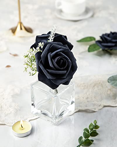 DuHouse 25Pcs Artificial Roses Flowers Fake Rose with Stems Real Touch Foam Flower Head for DIY Wedding Bridal Bouquet Baby Shower Centerpiece Floral Arrangement Party Home Decor(Navy Blue) - Image 3