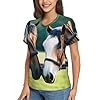 Two Horses Print Stylish Women Classic V Neck T Shirt Soft Short Sleeve Tee for Casual Outings, Black, M #1