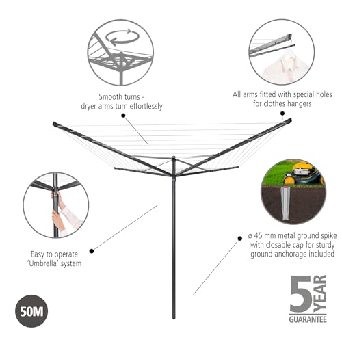 Image of Brabantia Topspinner Outdoor 4 Arm Spinning Clothesline (164 ft /O 1.8 inch) Rotating, Folding Clothes Drying Rack + Ground Spike (Anthracite)