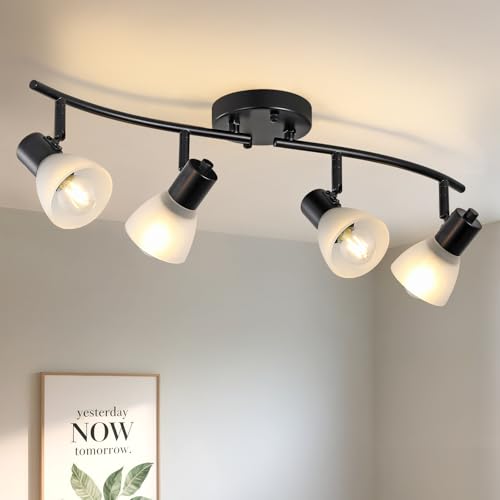 KEESFU 4 Light Track Lighting Fixtures Ceiling Kit,Adjustable Kitchen Ceiling Light with Glass Shade for Kitchen Over Sink Bedroom Hallway Living Room,E14base