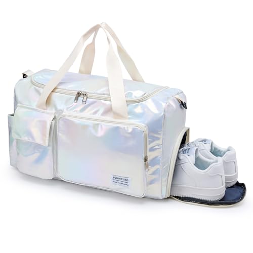 Image of BEULPTN Small Gym Bag for Women, Travel Duffel Bag Carry On Weekender Bag with Shoe Compartment, Z6#Beige Shinny, 11*19.6*8.2 inches, Gym Bag&Toiletry Bag