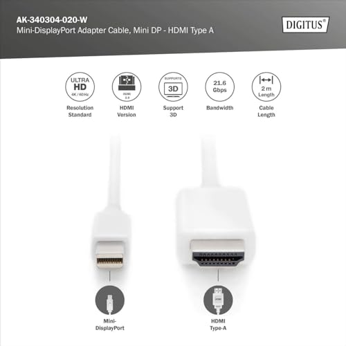 Digitus Cavo Adattatore Da Mini Displayport A Hdmi - Uhd 4K/60Hz - Hdmi 2.0 - Displayport 1.2 - 2M - Bianco - 2