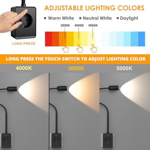 ENUOTEK LED Leselampe Schwarz Steckdosenleuchte, 3W Dimmbarer Wandleselamp mit schalter und Steckdose, mit USB und Type-C, Regelbare Farbtemperatur 4000K 3000K 5000K Wand Leselamp für steckdose ﻿