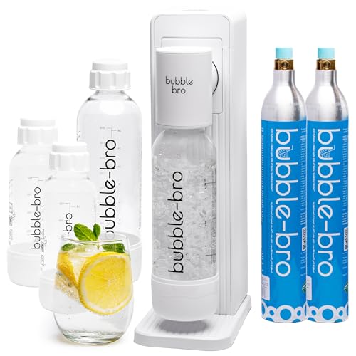 bubblebro Origin Sparkling Water Maker Family Pack - Comes with 2 x 60L CO Cylinders 1 x additional 1L BPA-Free Bottle with 2 x 500ML BPA-Free Bottles - Easy to Use Soda Maker Machine (White)