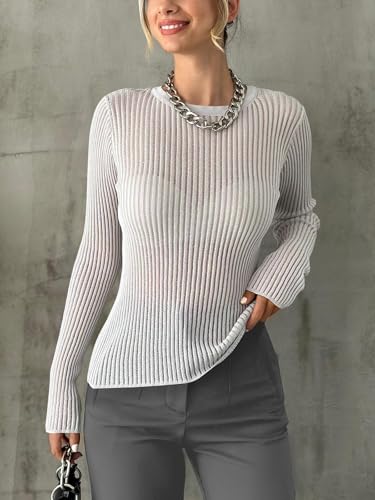 Trendy Queen TRD616 Going Out Tops For Women Sheer Long Sleeve Tops 2024 Fall Crewneck Mesh See Through Sweaters Y2K Outfits White thumb #1